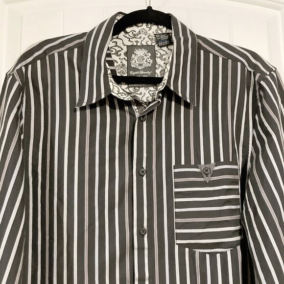ENGLISH LAUNDRY Grey and black striped button-down shirt MEDIUM LARGE men's top - Picture 3 of 11